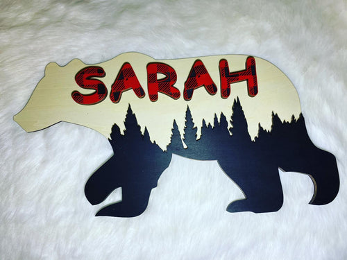 Bear Sign w/ Buffalo Plaid Lettering