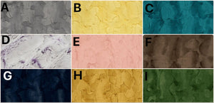 A-Gray, B-Yellow, C-Mallard Dark Teal, D-White w/ Purple, E-Pink, F-Brown, G-Navy, H-Golden Mustard, I-Forest Green